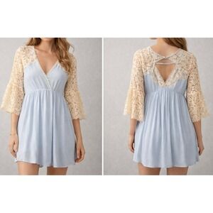 Umgee Lace Bell Sleeve Boho Babydoll Dress Blue Cream Cottagecore NWT Small